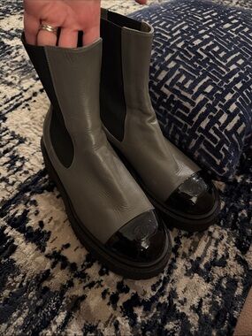 CHANEL Gray Leather Chelsea Boots with Black Patent Toe Cap